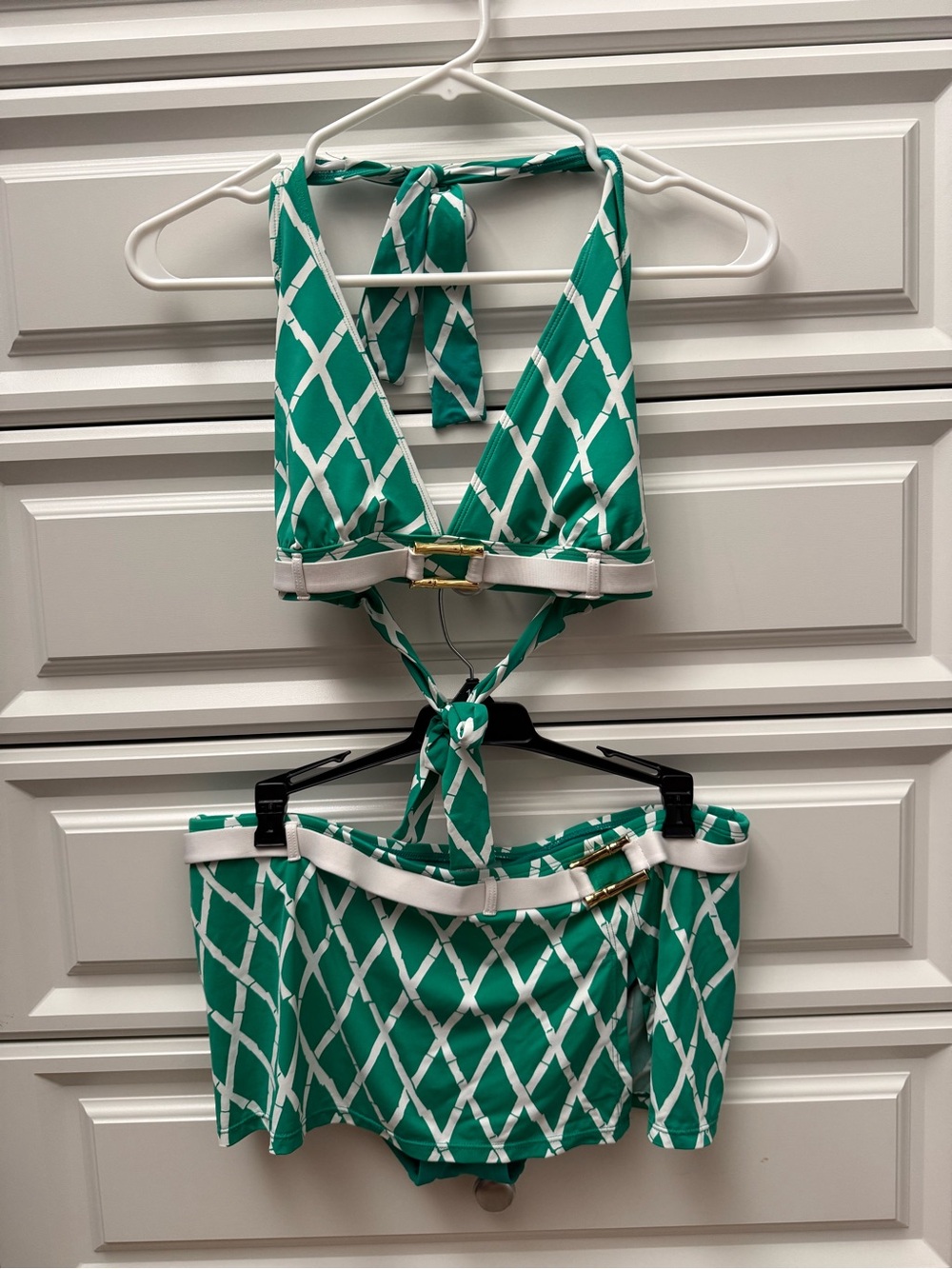 Bleu Rod Beattie Green and White Lattice Halter Bikini with Skirt